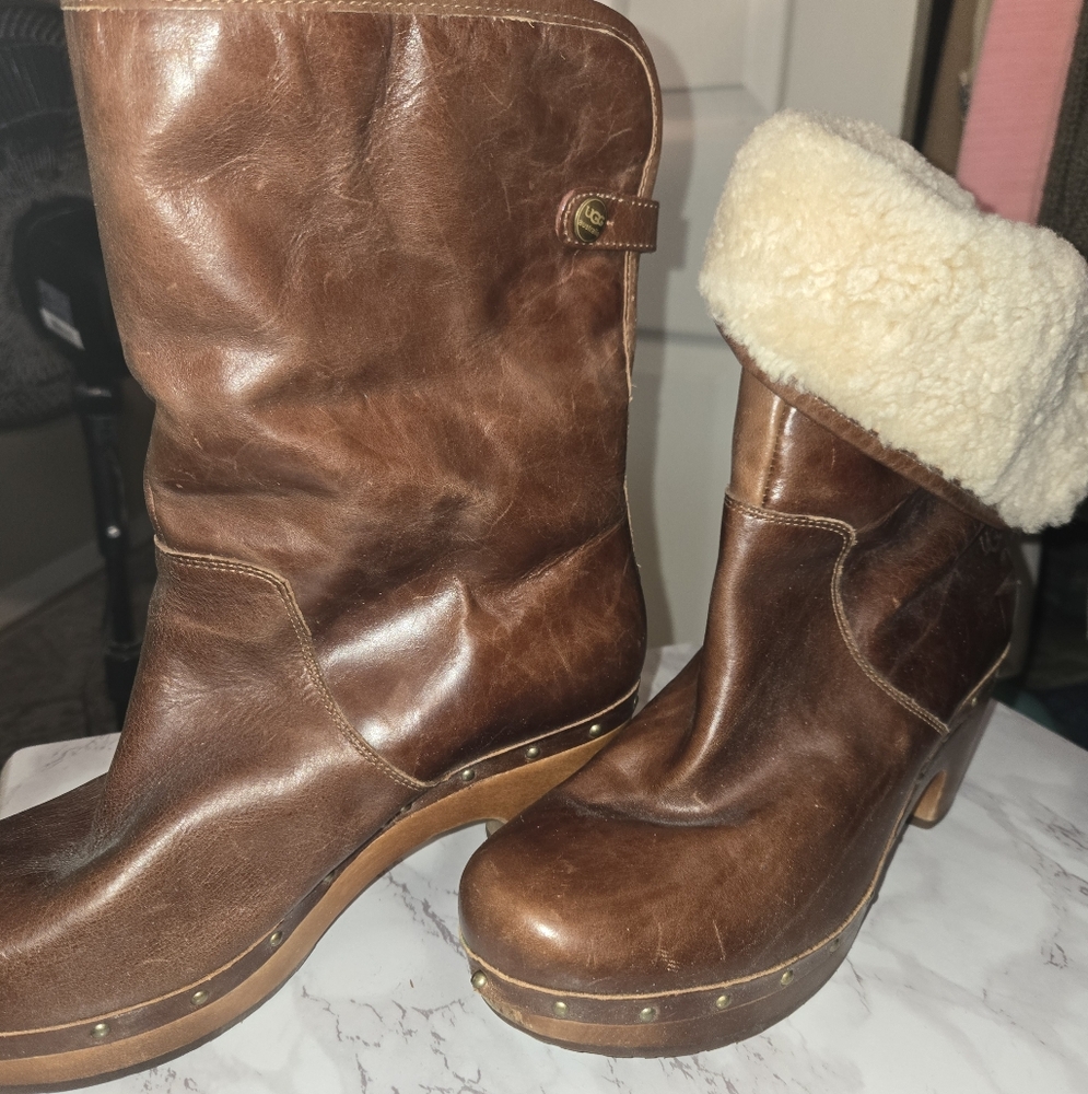 UGG Brown Leather Boots with Shearling Cuff